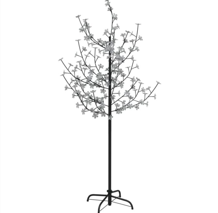 Albero decorativo a LED spento su fondo bianco, con fusto nero, rami sottili, fiori di ciliegio e base a croce