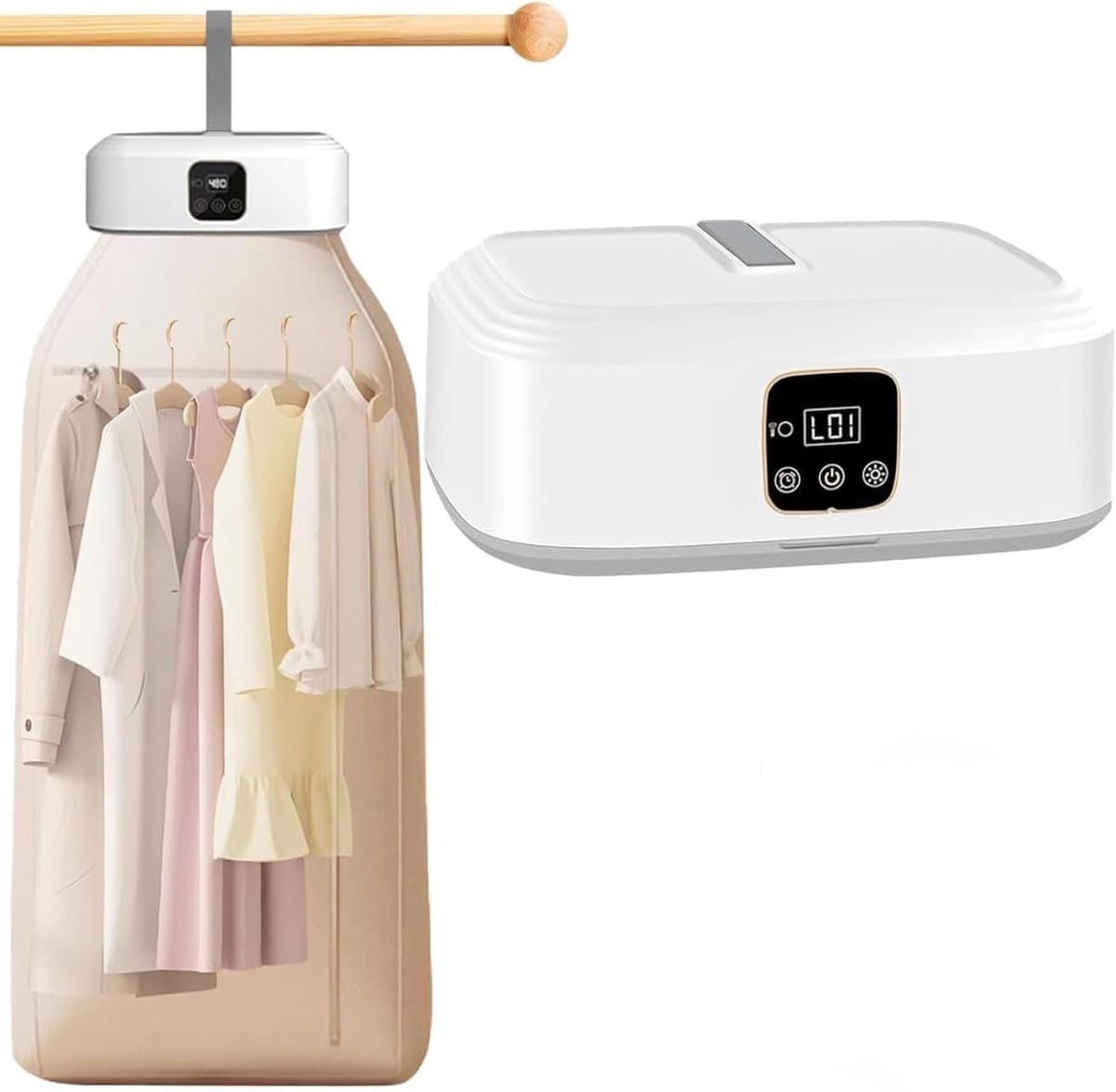 Asciugatrice portatile bianca con display touch, accanto alla sacca termica appesa che racchiude i capi stesi