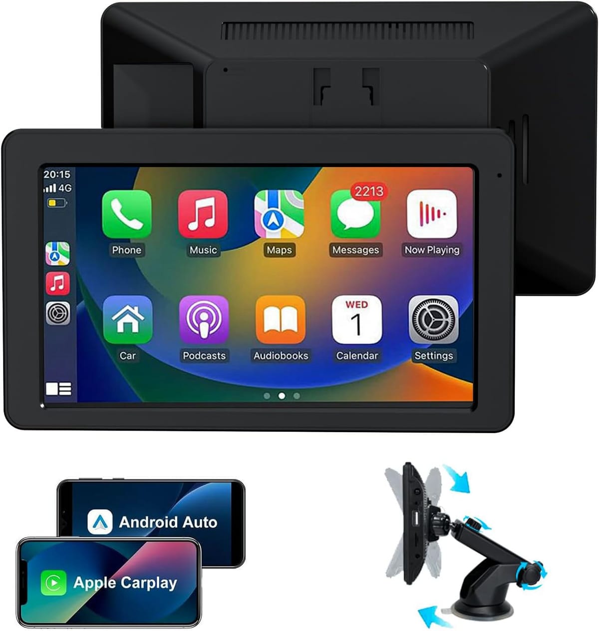 Schermo touch CarPlay visto di fronte e di spalle, con il supporto a ventosa per il cruscotto