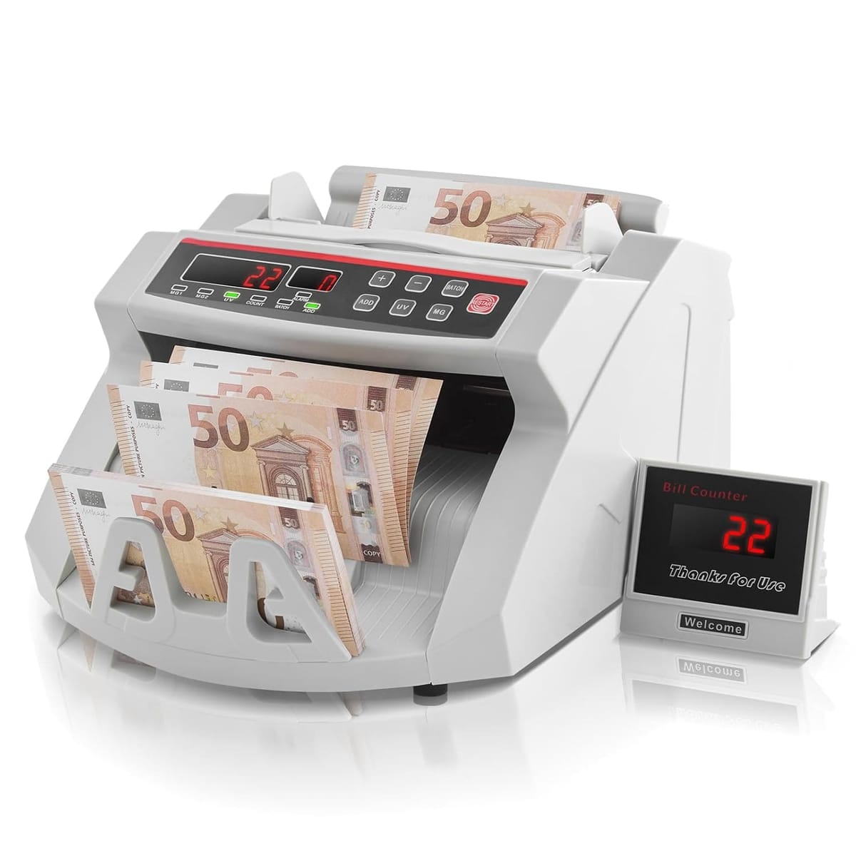 Contabanconote elettronico bianco con banconote da 50 euro nel vassoio e display esterno collegato