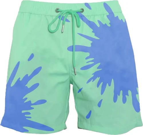 Costume verde acqua con grandi schizzi blu, fotografato da solo su fondo bianco