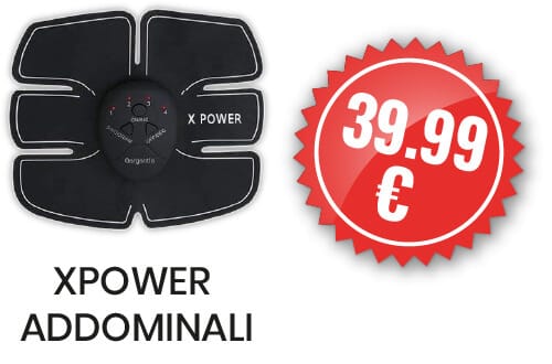 Fascia elettrostimolatore XPower nera con comandi centrali, fotografata su fondo bianco