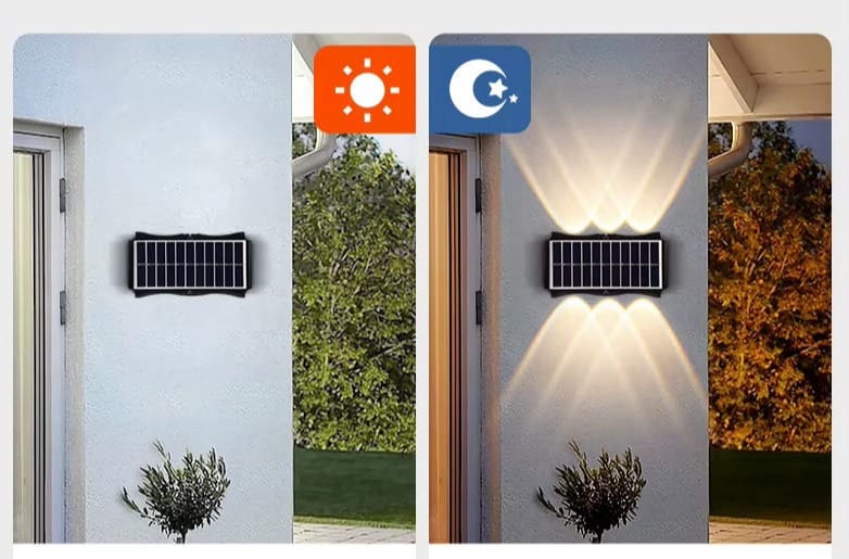 Faretto solare da parete montato accanto a una porta, spento di giorno e con il doppio fascio di luce acceso di notte