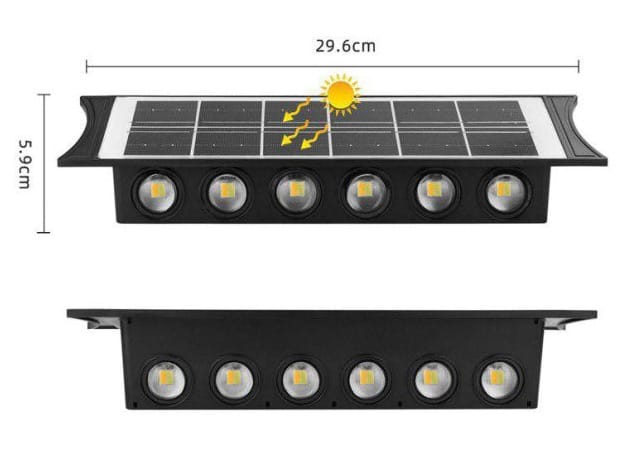 Misure della lampada solare, 29,6 cm di larghezza per 5,9 cm di altezza, con i sei LED frontali