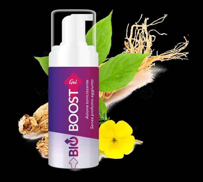 Flacone bianco di BioBoost Gel con radice di ginseng, foglie verdi e un fiore giallo accanto