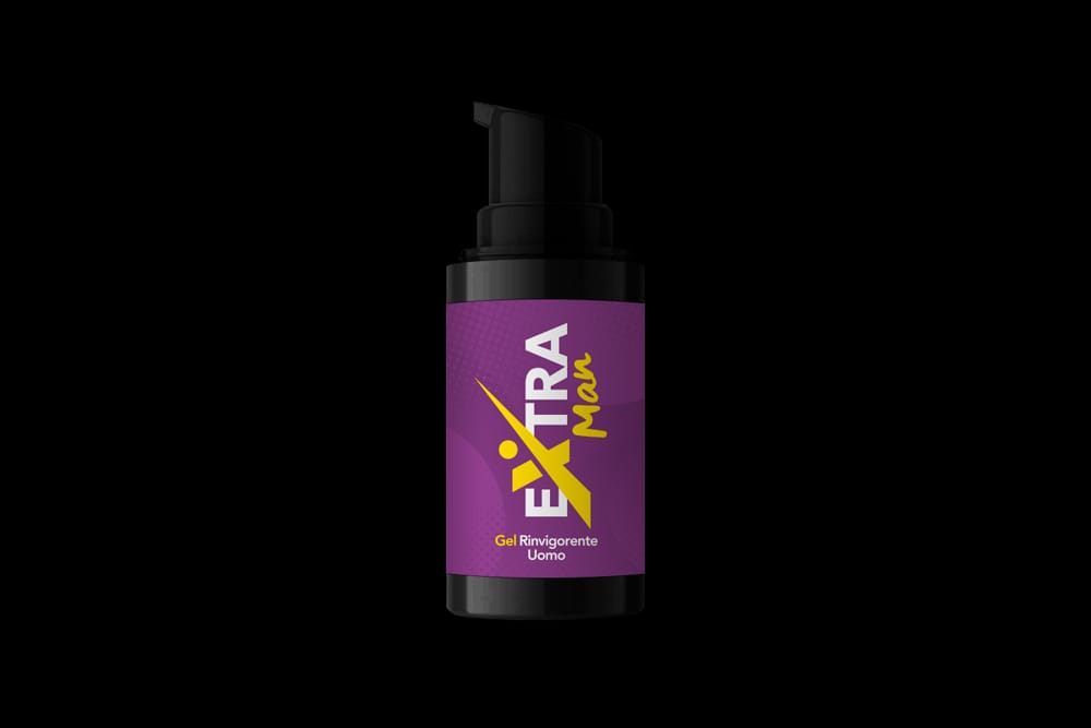 Flacone nero e viola di Extraman con erogatore a pompa, gel rinvigorente uomo da 30 ml