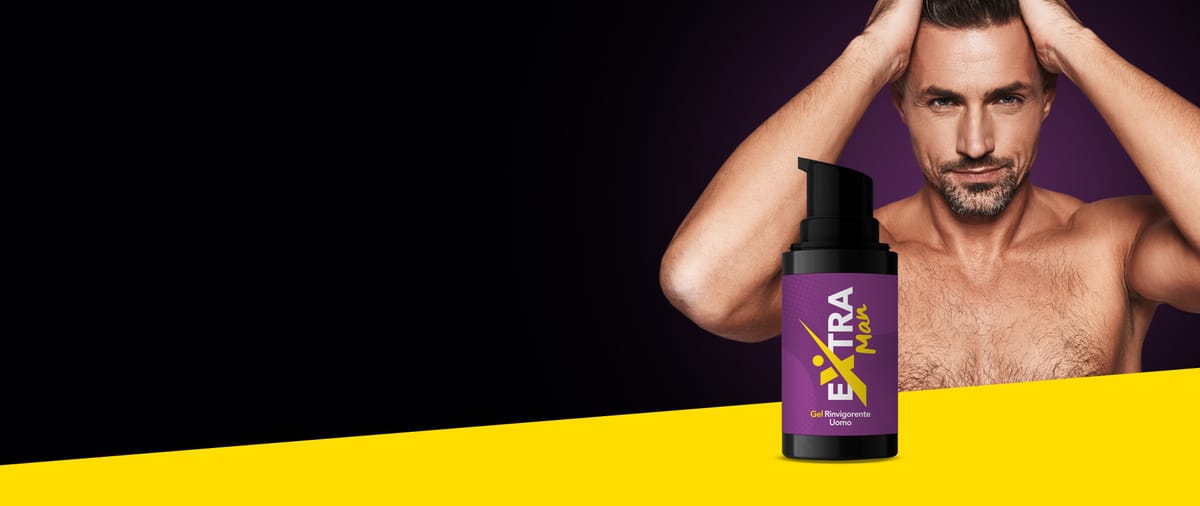 Banner del produttore con il flacone Extraman su fondo nero e giallo e un uomo sullo sfondo