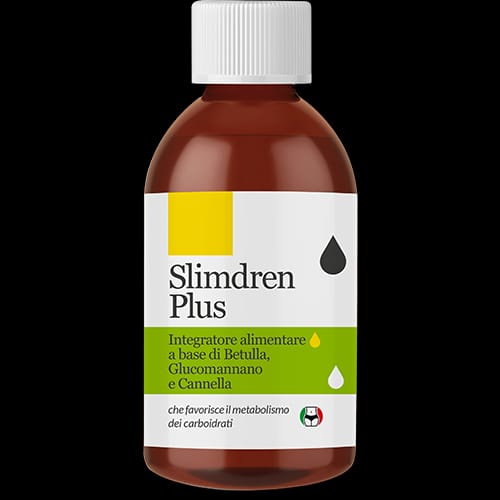 L'etichetta del flacone Slimdren Plus, integratore alimentare a base di betulla, glucomannano e cannella