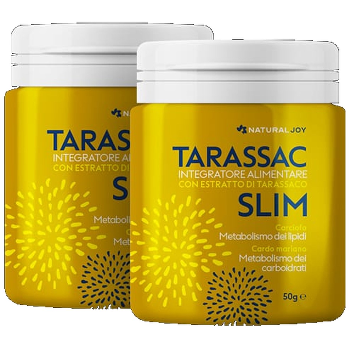 Due barattoli gialli di Tarassac Slim, integratore alimentare in polvere con estratto di tarassaco