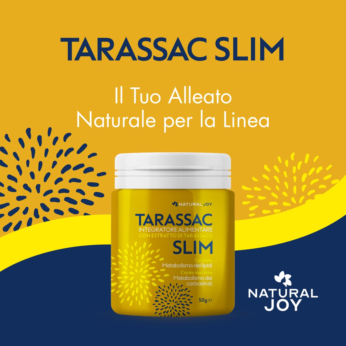 Barattolo di Tarassac Slim da 50 g con il marchio Natural Joy