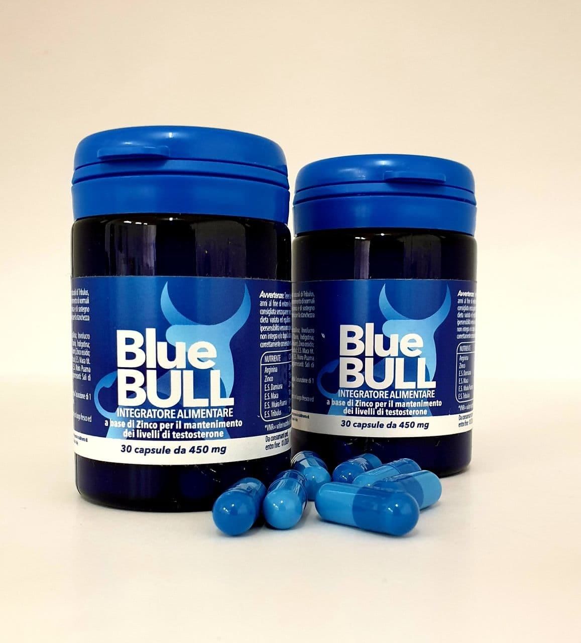 Due barattoli blu di Bluebull, integratore alimentare a base di zinco, con le capsule accanto