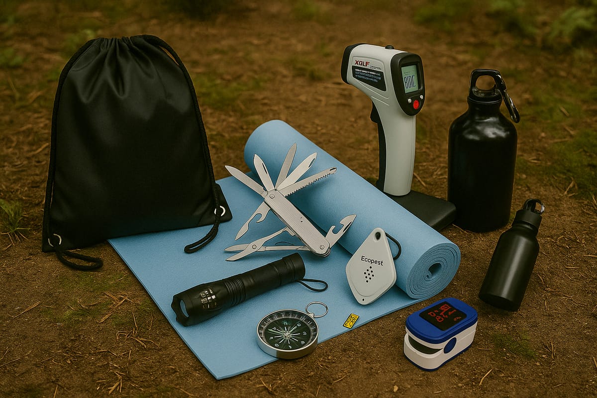 Il kit SurvivalX aperto sul tappetino, con sacca, coltellino multiuso, torcia, borraccia, bussola e saturimetro