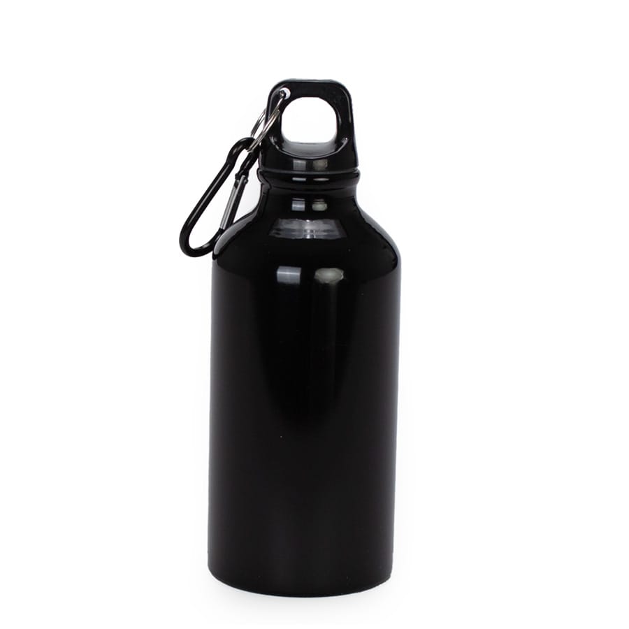 La borraccia in alluminio da 500 ml del kit, con tappo a moschettone per agganciarla allo zaino