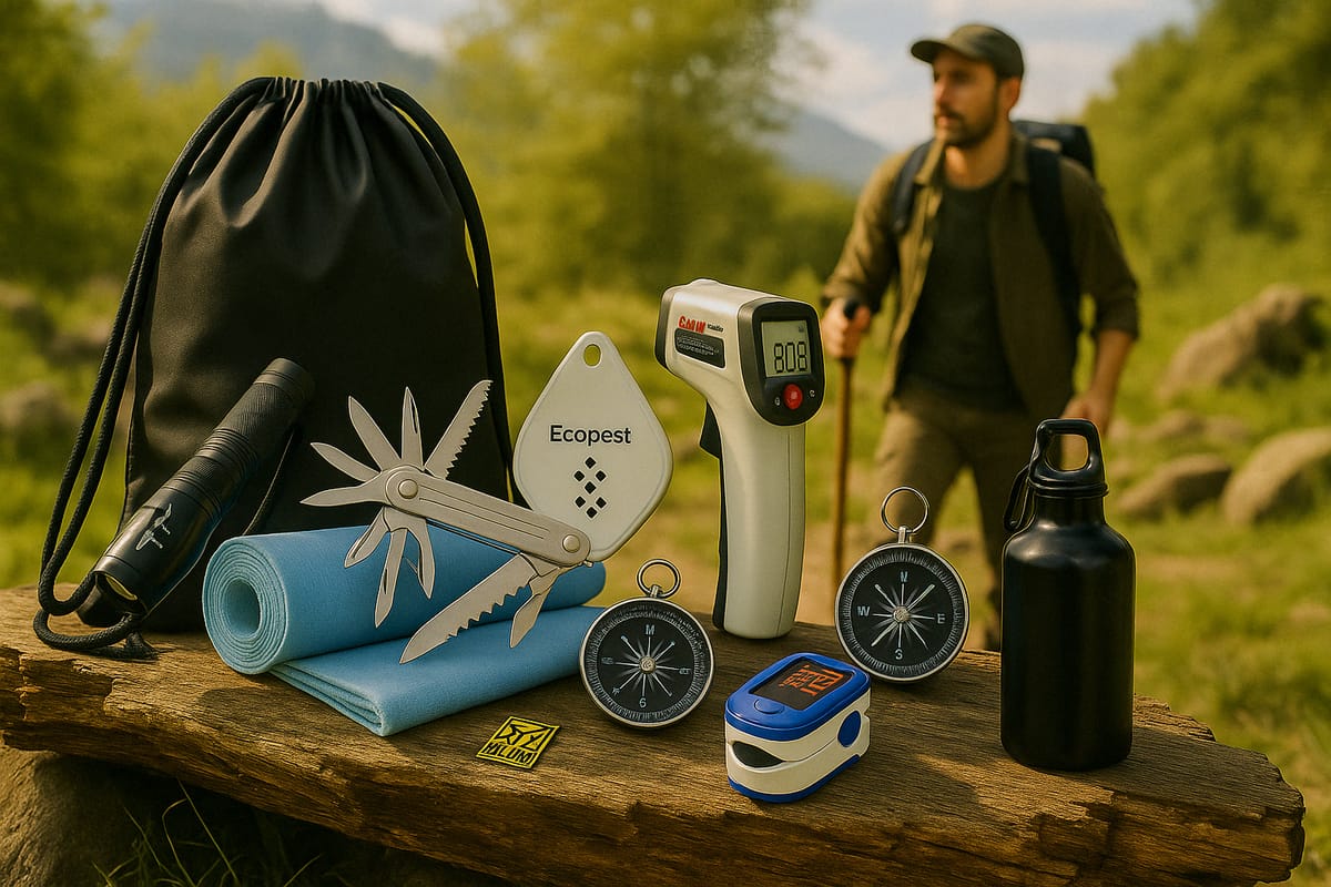 Tutto il contenuto del kit SurvivalX disposto su un tronco, con sacca, torcia, coltellino, borraccia e bussola