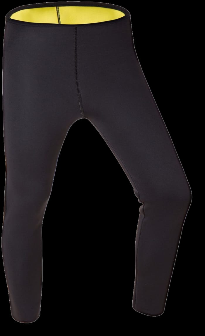 Leggings in neoprene nero a vita alta, fotografati da soli, con la fascia interna gialla visibile sul bordo in vita