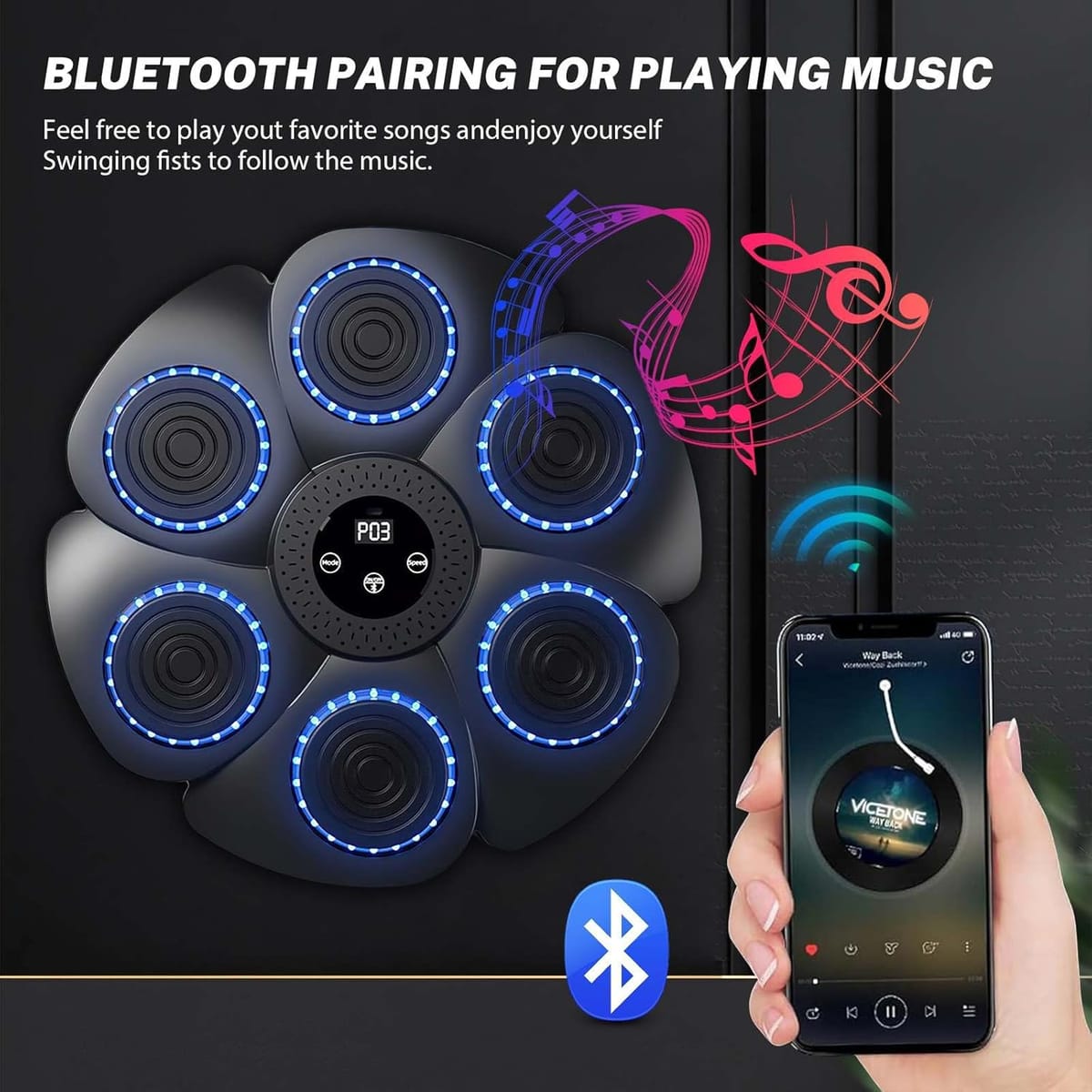 Bersaglio nero con LED blu abbinato via Bluetooth a uno smartphone che riproduce musica