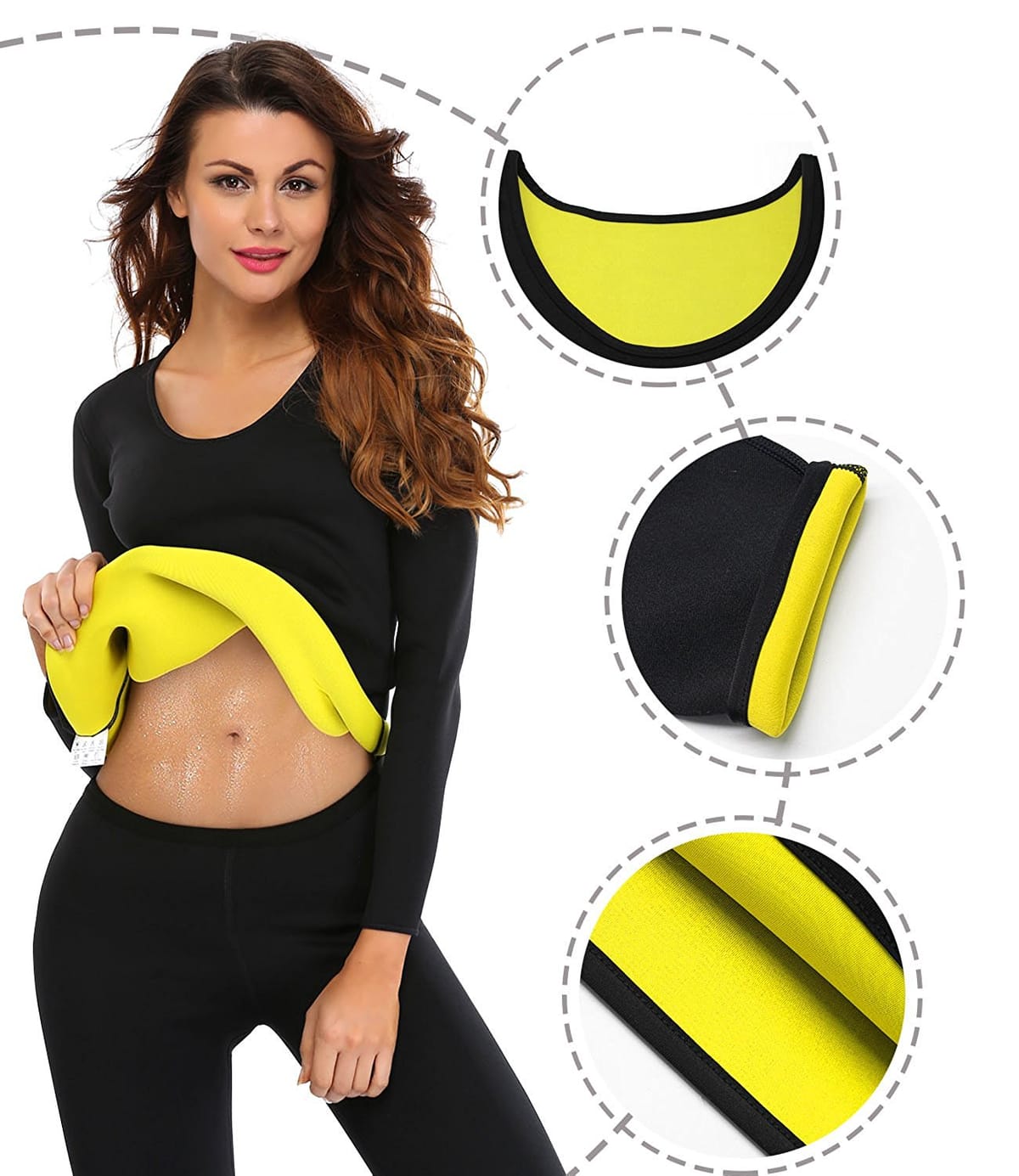 Donna solleva la maglia in neoprene nera mostrando la fodera gialla, con riquadri di dettaglio del tessuto termico
