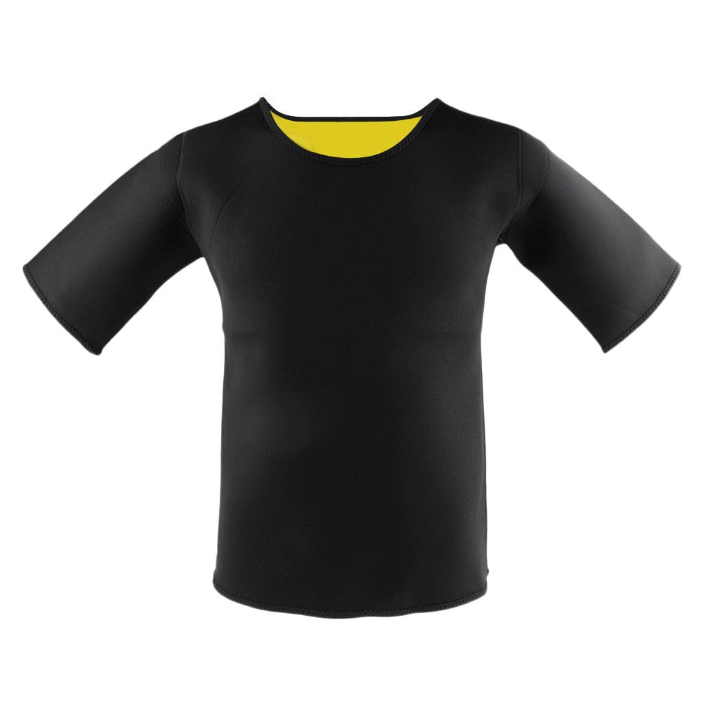 Maglia in neoprene nero con maniche corte ampie, fotografata su fondo bianco con la fodera gialla al collo