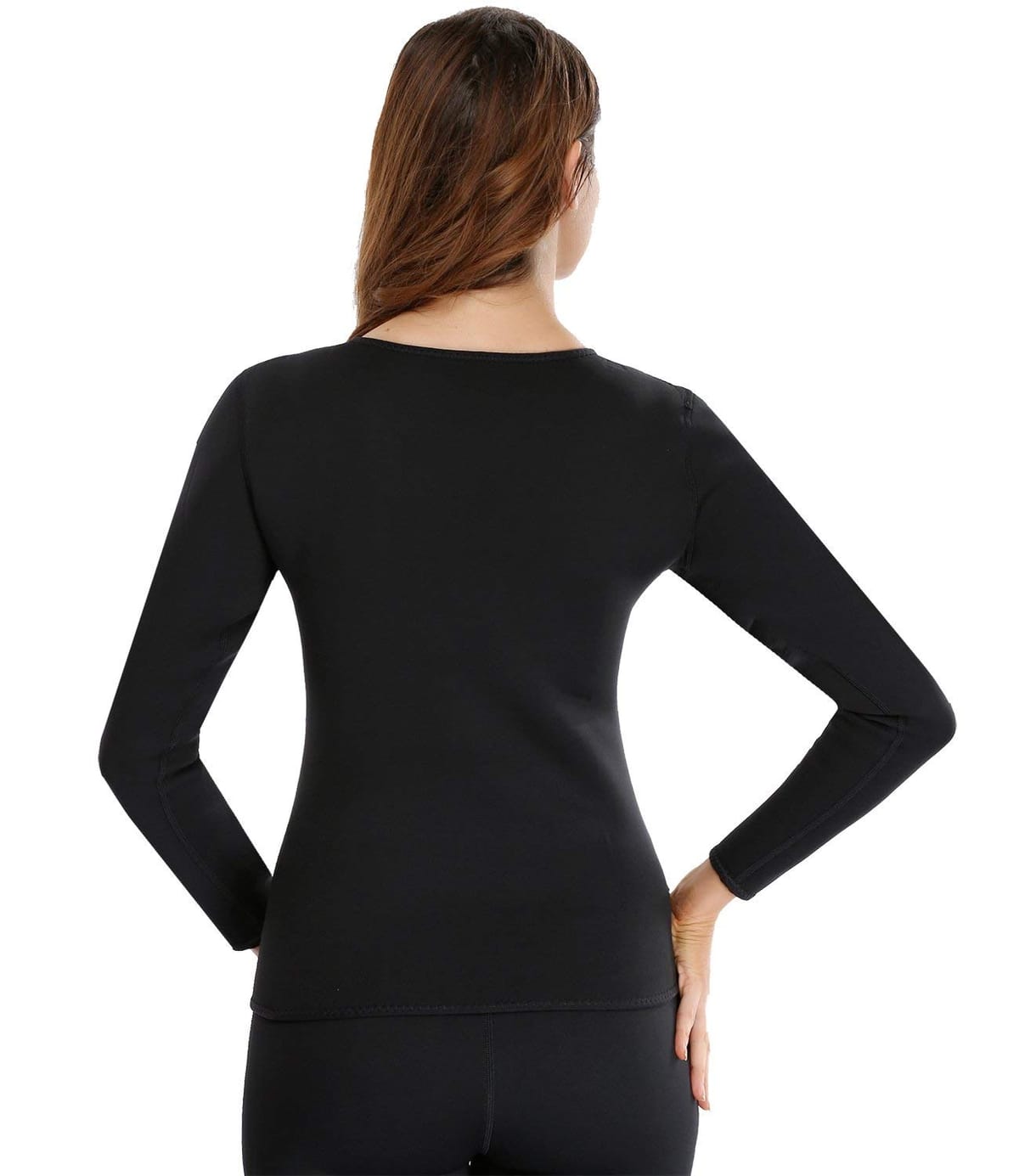 Vista posteriore della maglia sauna nera a maniche lunghe indossata, abbinata a leggings scuri