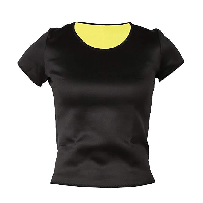 Maglia sauna a maniche corte in neoprene nero, vista frontale con l'interno giallo visibile allo scollo
