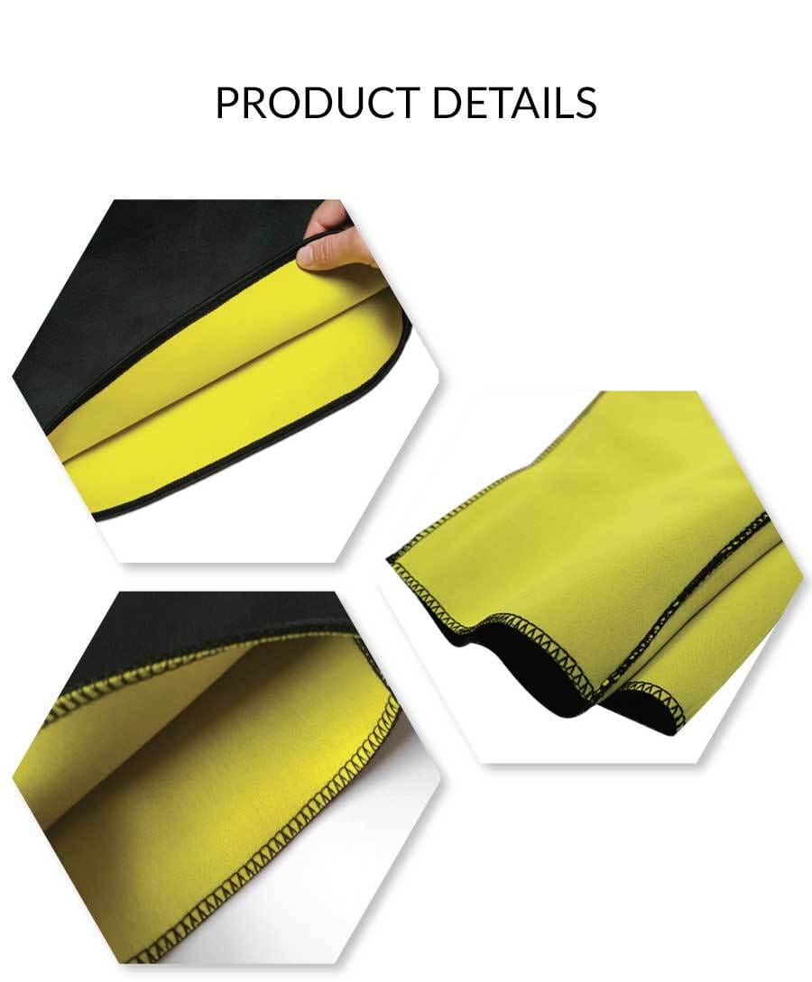 Dettagli del tessuto: neoprene giallo all'interno, esterno nero e cuciture a sopraggitto sui bordi