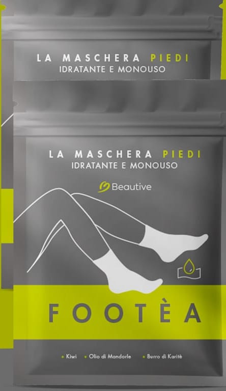 Due buste grigie e lime dei calzari-maschera Footea, una dietro l'altra su fondo verde acido