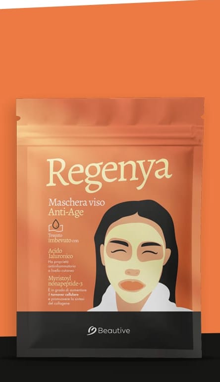 Bustina monouso singola della maschera Regenya con il volto illustrato sul fronte