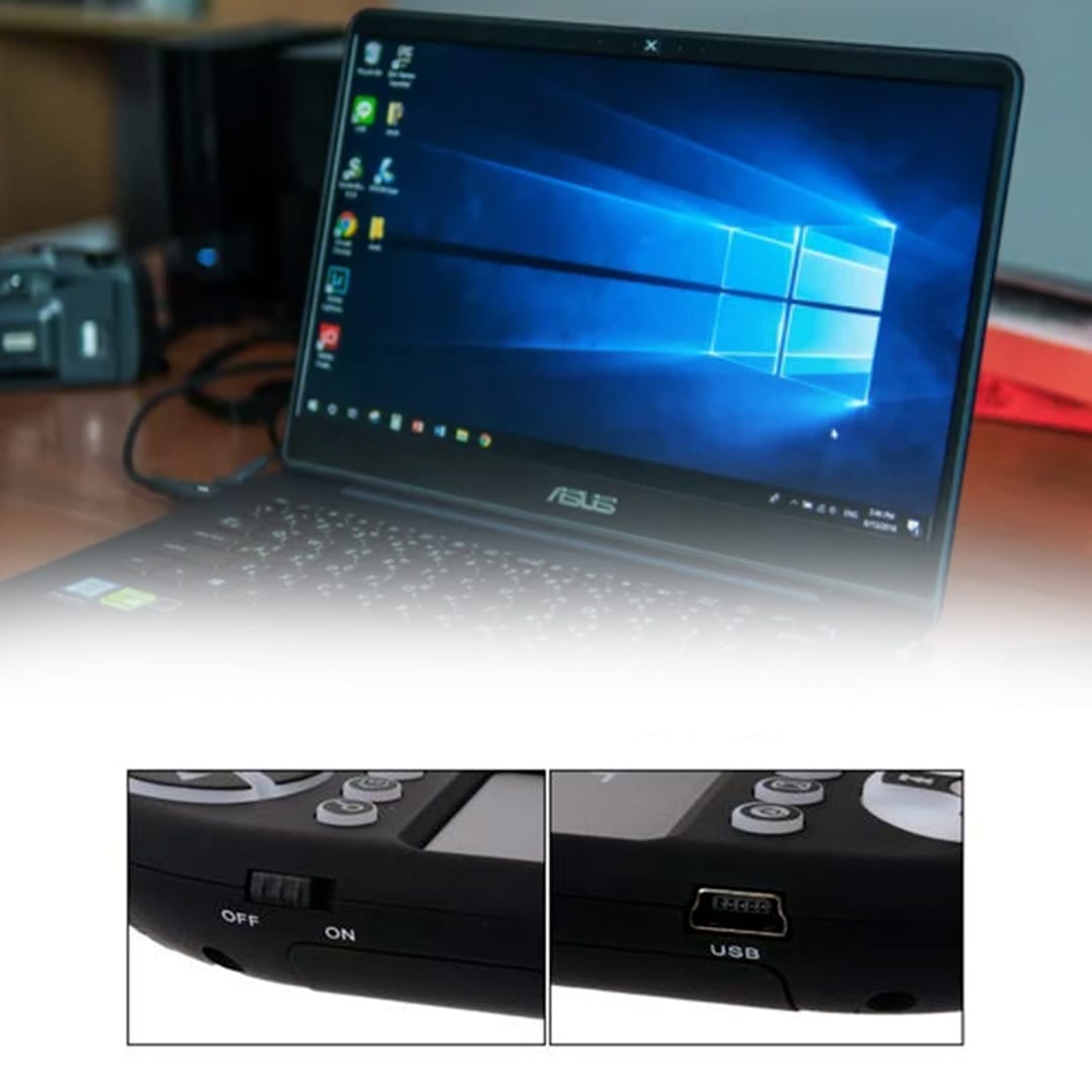 Portatile con Windows acceso e due dettagli del bordo della tastiera, l’interruttore on/off e la presa USB