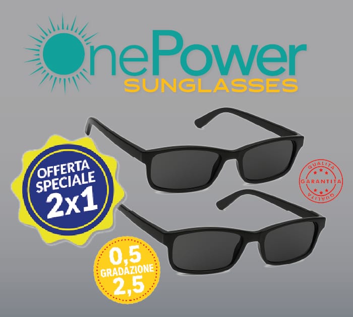 Due paia di occhiali da sole OnePower con montatura nera rettangolare e lenti scure, su fondo grigio