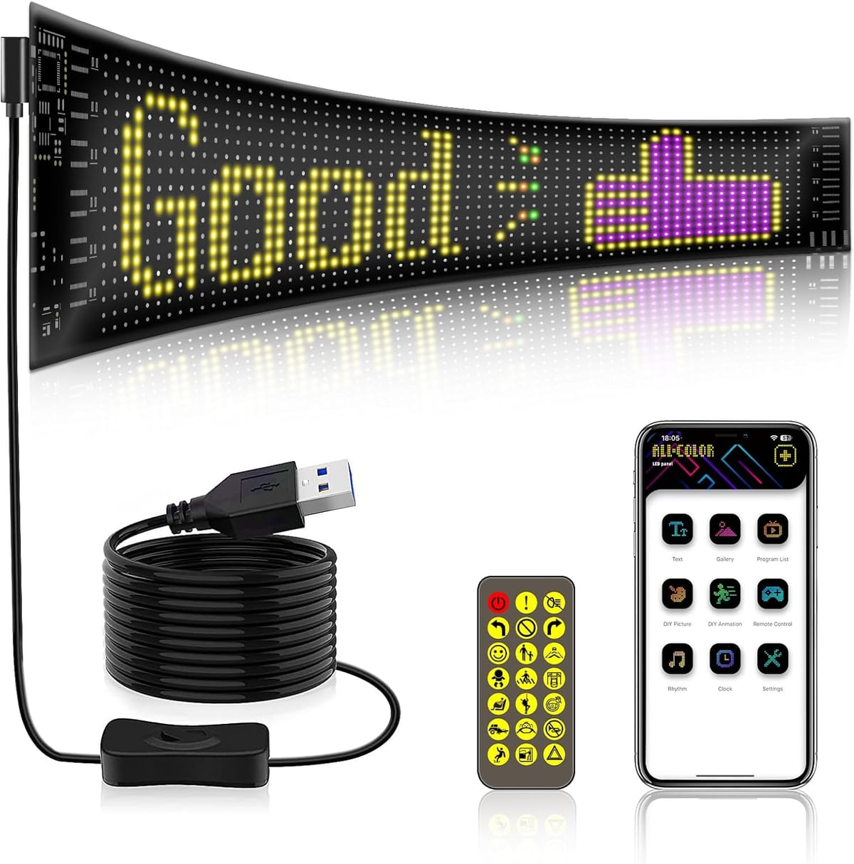 Pannello LED flessibile con la scritta «Good» e un pollice in su, accanto al cavo USB, al telecomando e all’app