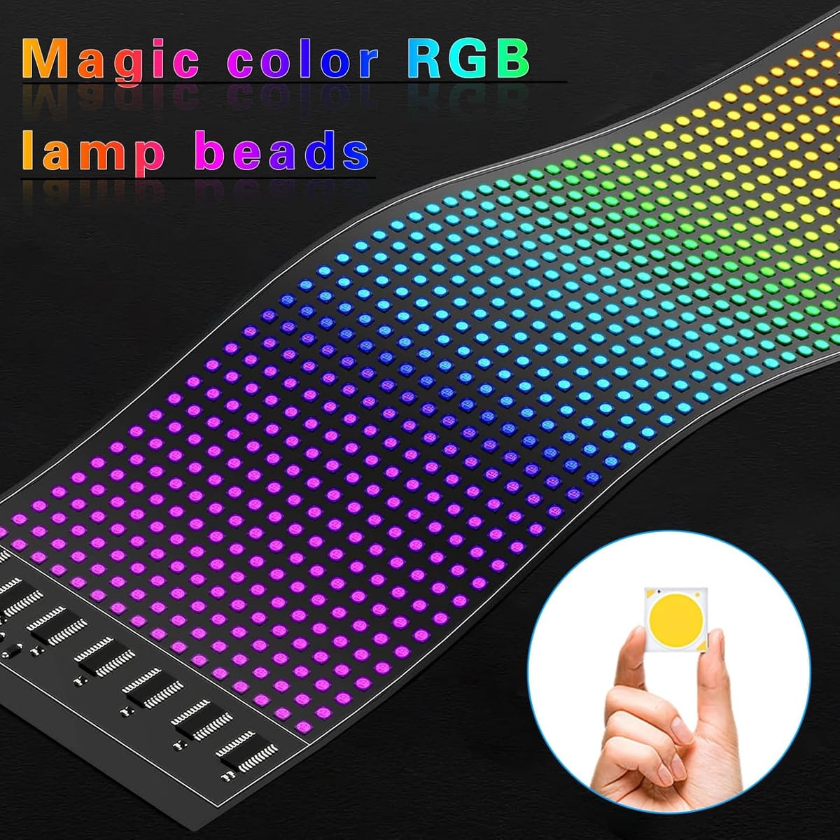 Dettaglio ravvicinato della matrice di LED RGB accesa, con la sfumatura di colori dal viola al giallo