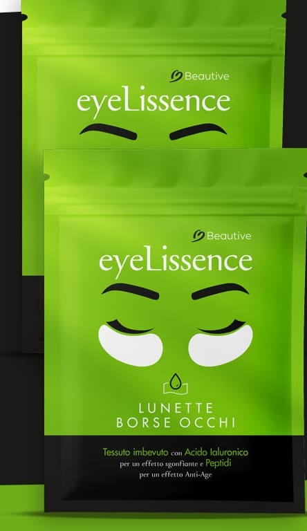 Due buste verdi dei patch contorno occhi Eye Lissence, una davanti all'altra su fondo nero