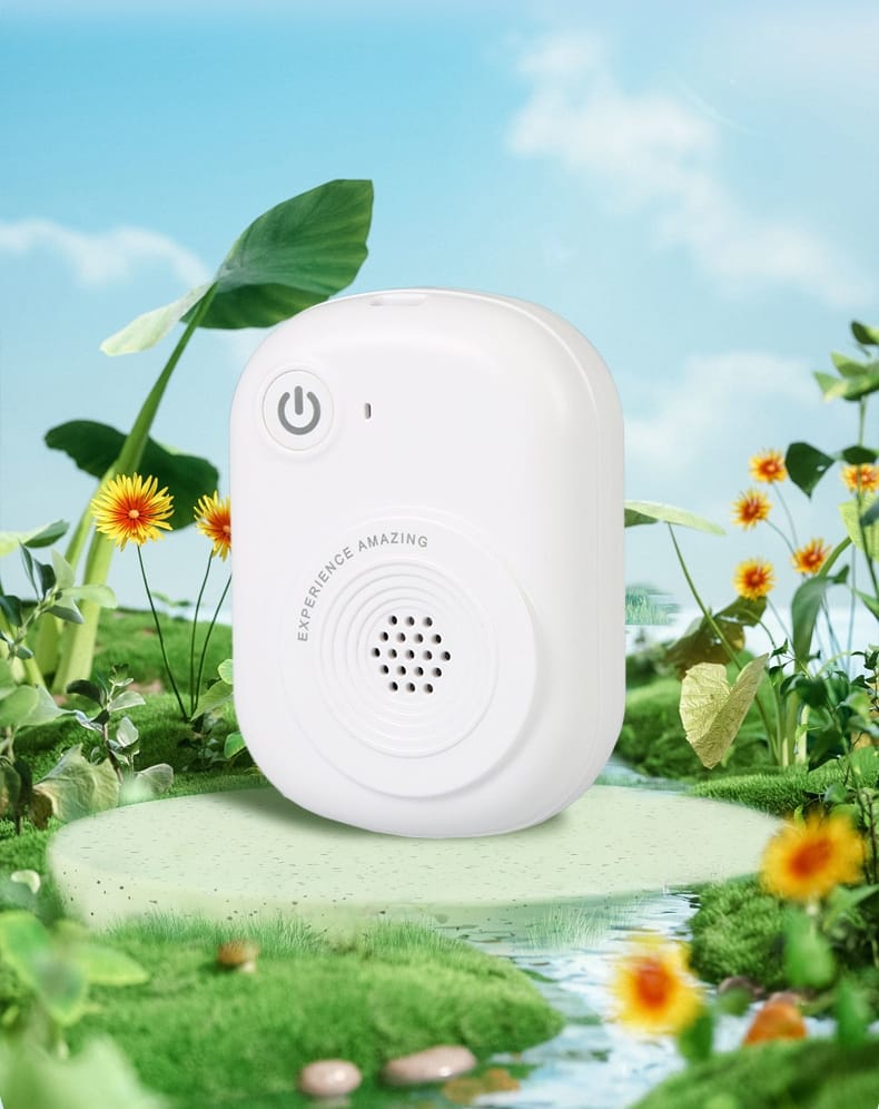 Cubo purificatore bianco con tasto di accensione e griglia circolare, appoggiato su un prato fiorito