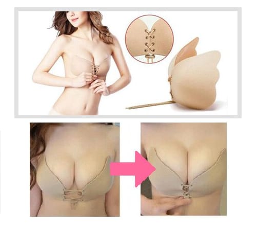 Coppe adesive color nude indossate, con il dettaglio del laccio incrociato e il confronto dell’effetto push-up