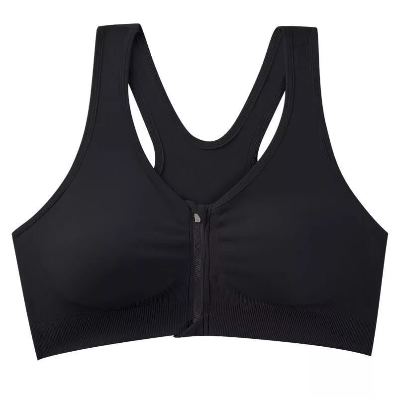 Il reggiseno nero fotografato da solo: zip frontale, schiena a incrocio e fascia elastica sotto il seno