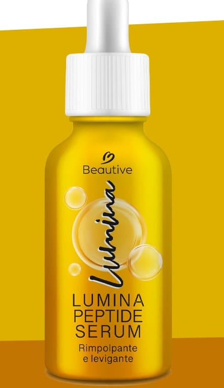 Flacone singolo del siero Lumina, vetro giallo e contagocce bianco, su fondo giallo senape