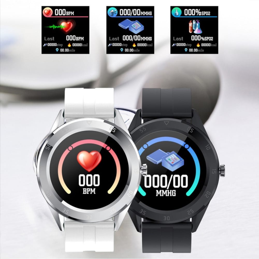 Due smartwatch affiancati, uno silver con cinturino bianco e uno nero, con i dati di battito e pressione a display