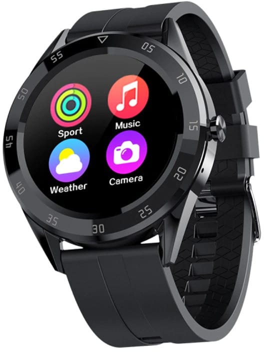 Smartwatch nero con cinturino in silicone e display che mostra il menu con le icone delle app