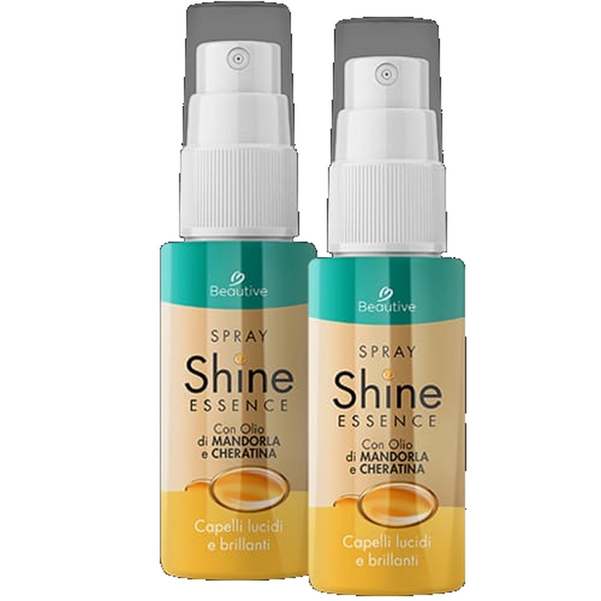 Due flaconi di spray Shine Essence con olio di mandorla e cheratina, per capelli lucidi e brillanti
