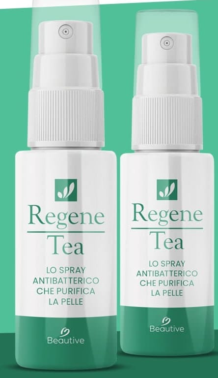 Confezione da due dello spray viso Regene Tea al tea tree, flaconi bianchi e verdi