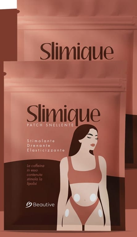 Le due buste dei cerotti corpo Slimique, color terracotta con la figura illustrata sul fronte