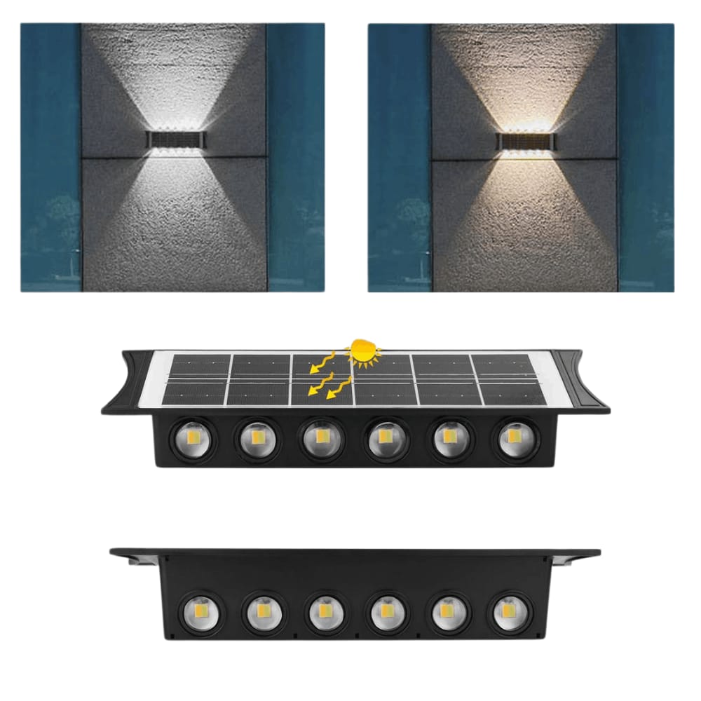 Faretto solare da parete nero con pannello fotovoltaico e sei LED, e l'effetto della luce fredda e calda sul muro