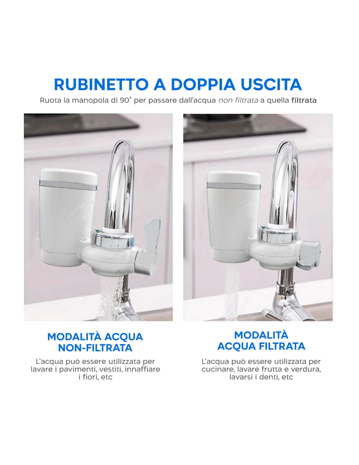 Filtro xWater 2.0 montato su un rubinetto da cucina, con getto d’acqua filtrata in uscita
