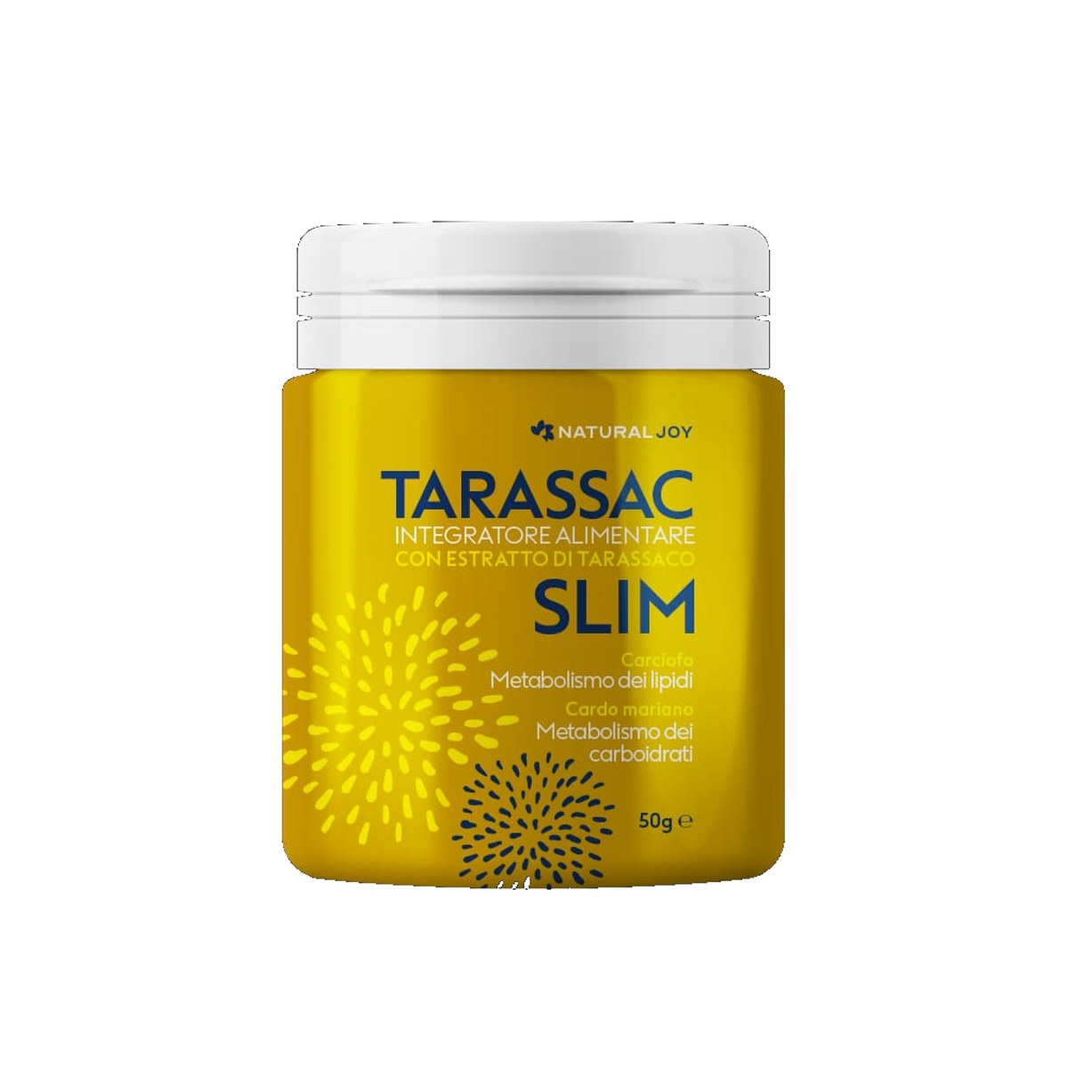 Barattolo giallo di Tarassac Slim, integratore in polvere da 50 g con estratto di tarassaco