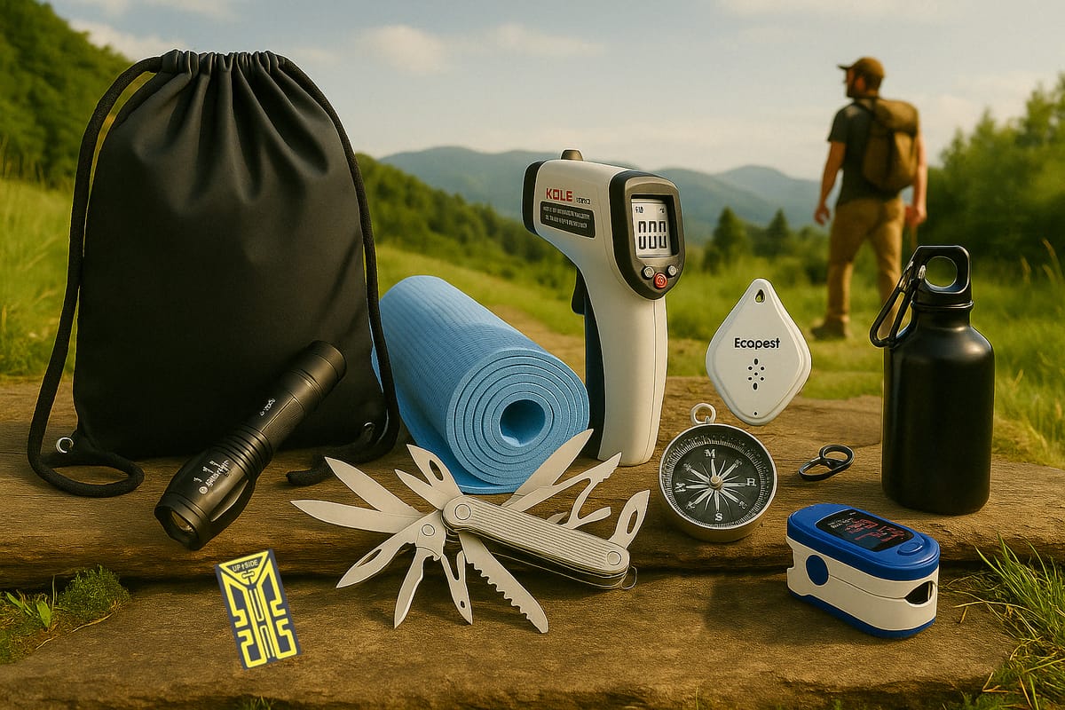 Il contenuto del kit SurvivalX disposto su un tronco, con sacca, torcia, coltellino, tappetino, borraccia e bussola