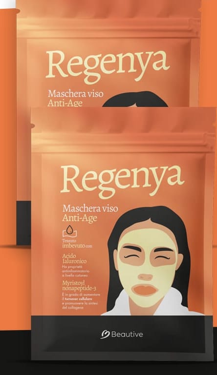 Le due bustine monouso della maschera viso in tessuto Regenya, in tinta arancione