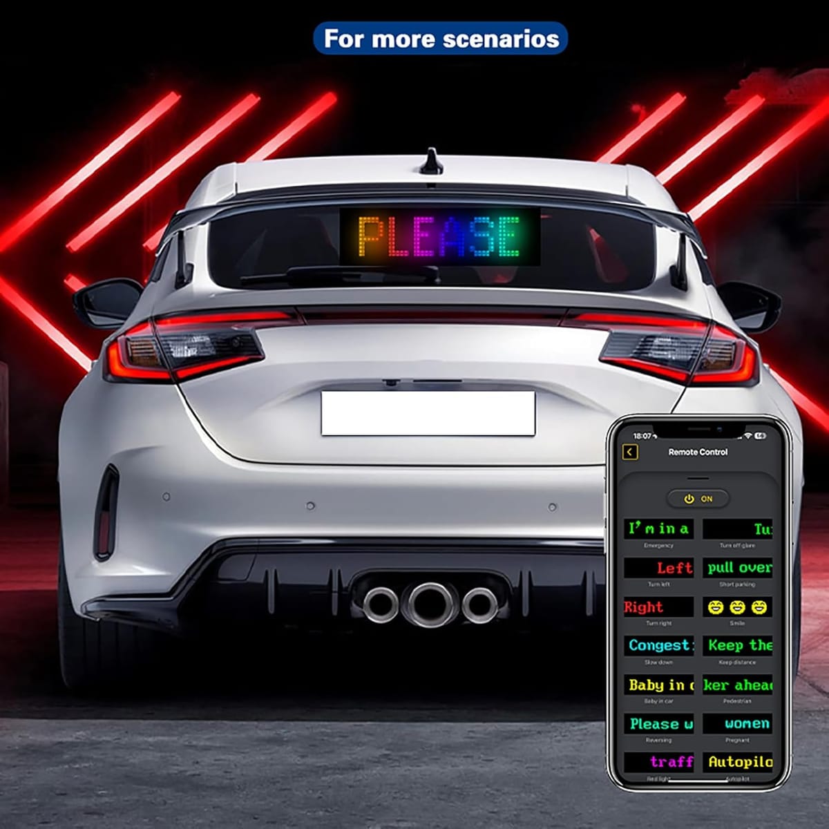 Pannello LED sul lunotto di un'auto bianca con la scritta colorata «Please», e l'app con i messaggi pronti sul telefono