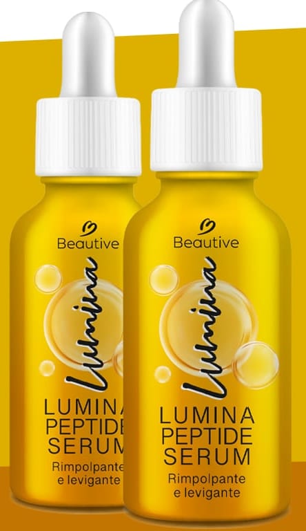 I due flaconi in vetro giallo del siero ai peptidi Lumina, con il contagocce bianco avvitato