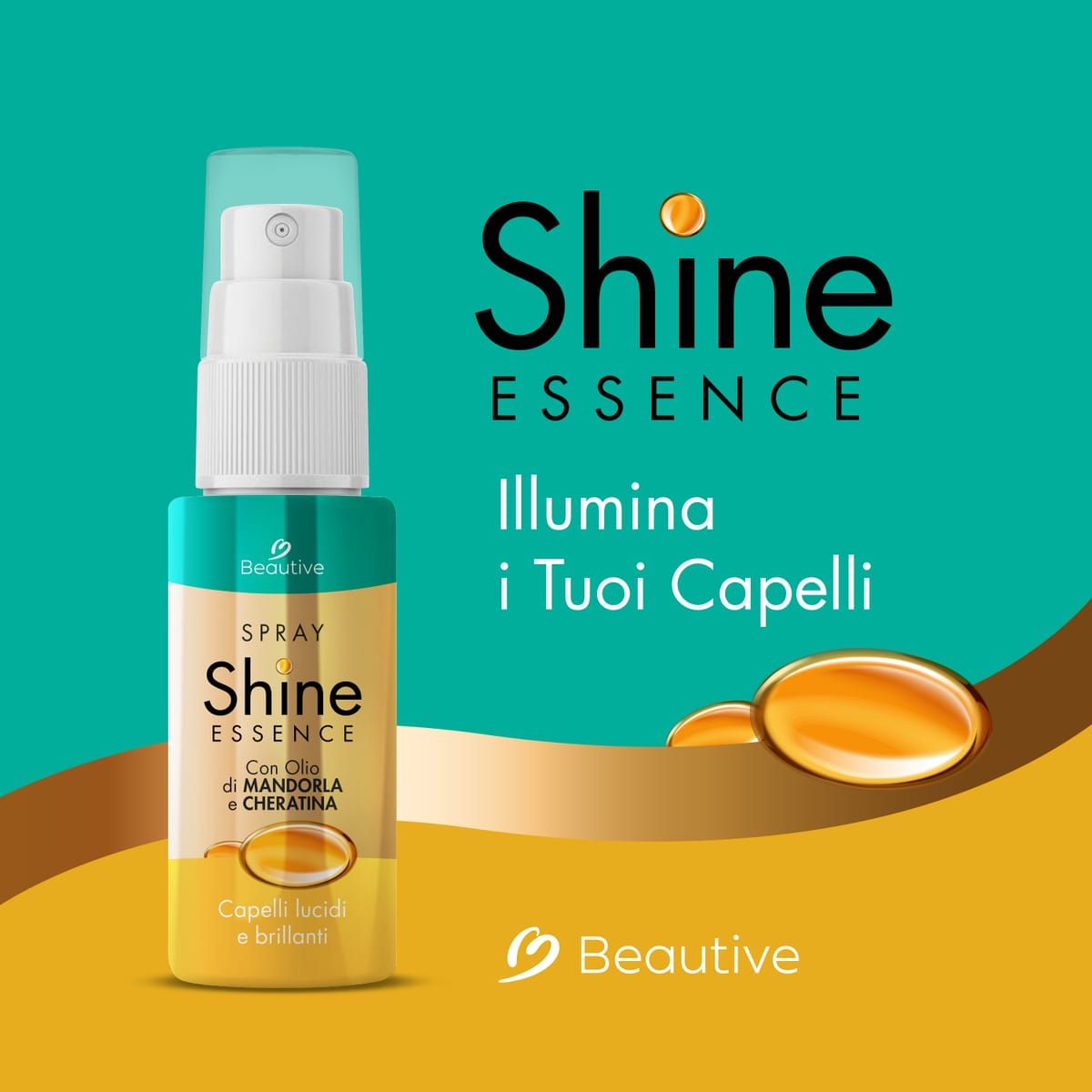 Flacone di spray Shine Essence con olio di mandorla e cheratina, per capelli lucidi e brillanti